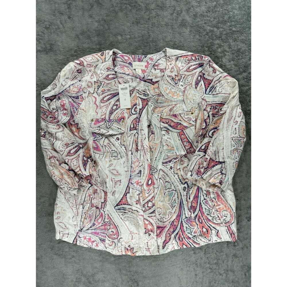 Chico's Women’s Multi Print 100% Linen 3/4 Sleeve Full Zip Jacket‎ Paisley NEW 4